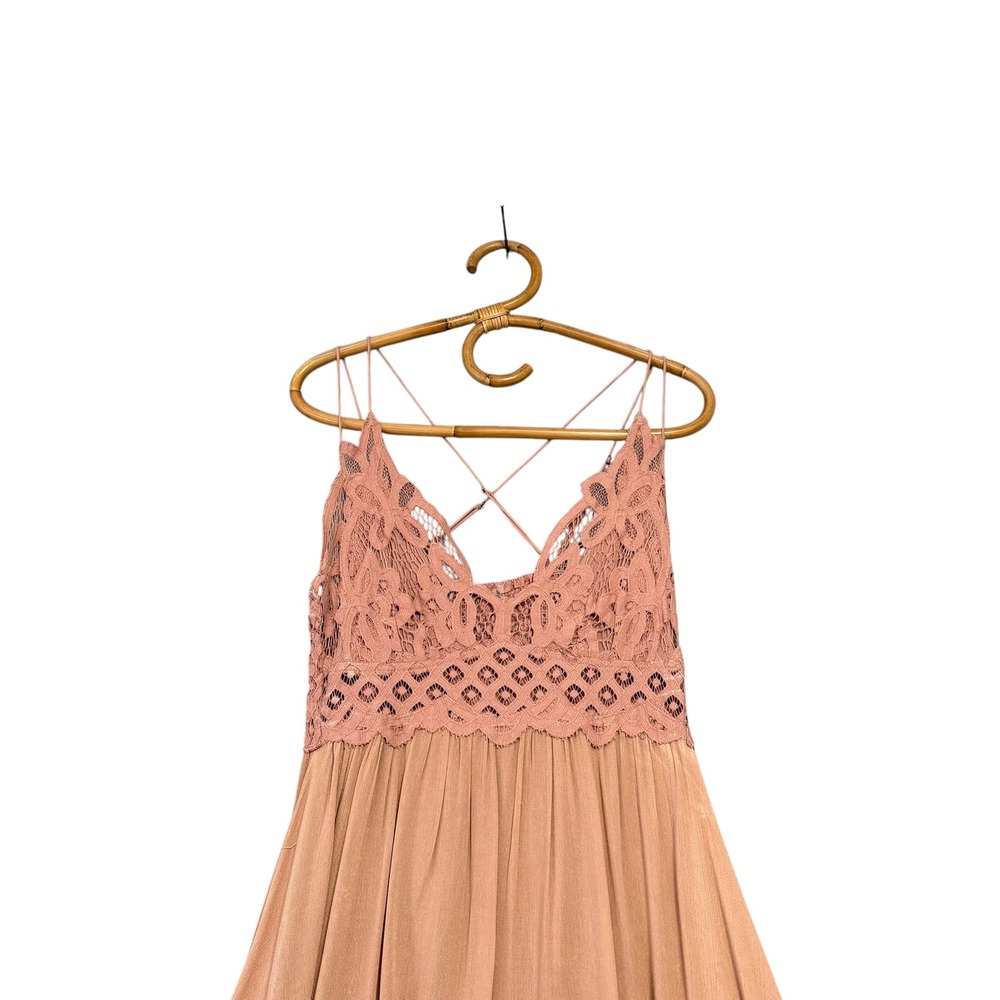 Free People One | Adella Slip Dress Rose Pink Boho Lace Mini Size L - Picture 3 of 15